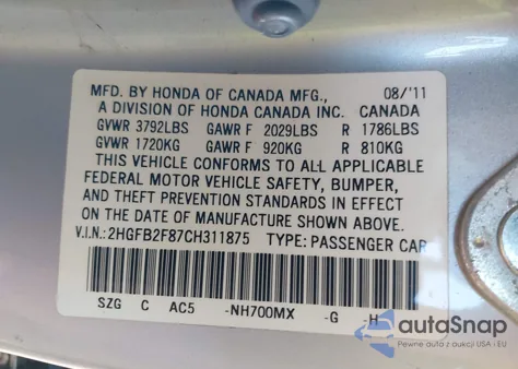 2012 Honda Civic Ex z USA, uszkodzony, nr VIN 2HGFB2F87CH311875